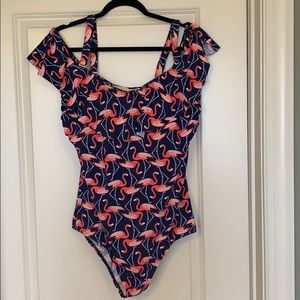 Eloquii Flamingo print, ruffled strapless swim